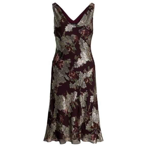 Lauren Ralph Lauren Dresses & Skirts - Lauren Ralph Lauren Womens Floral Metallic Jacquard Cocktail Dress 12 Burgundy